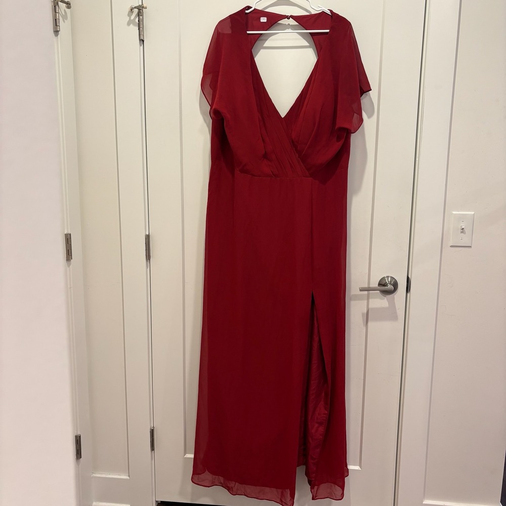 Azazie Red Chiffon Flutter Sleeve Keyhole Back Maxi Dress Plus Size A24